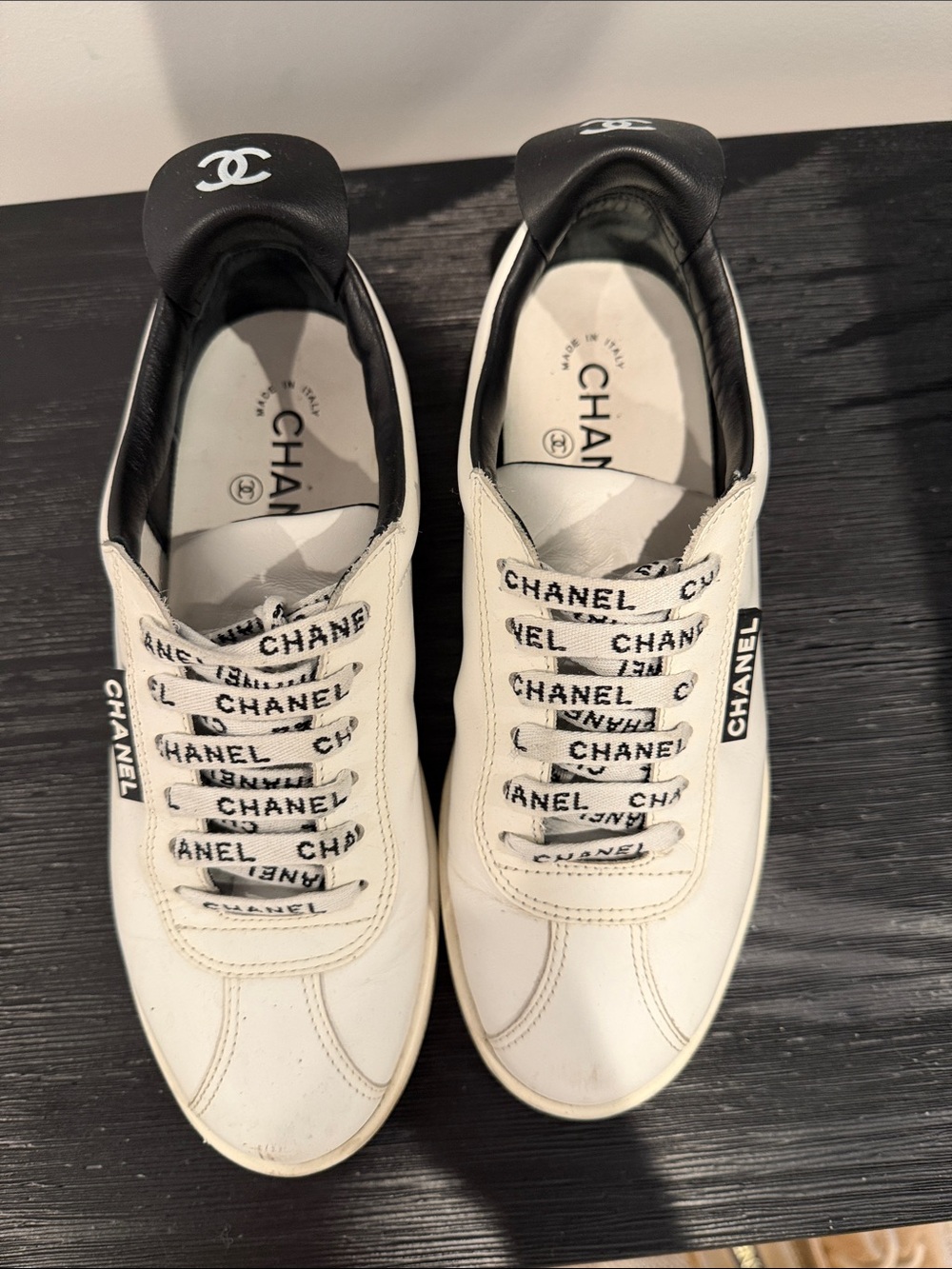 CHANEL White and Black Logo Lace-Up Sneakers